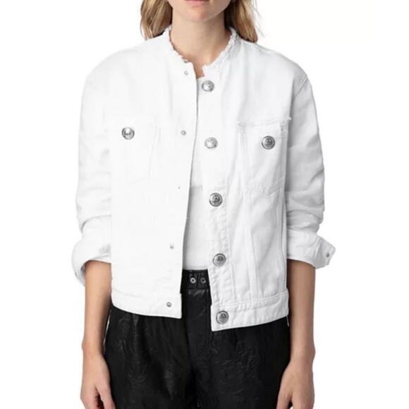 NWT: Zadig & Voltaire Kaely Destroy Denim Jacket in White Size L - Picture 2 of 15